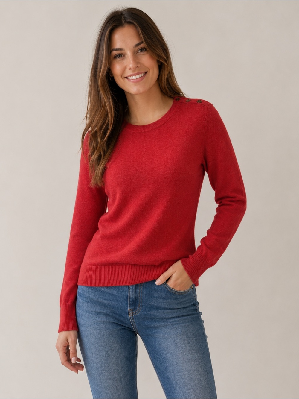 Angora Classic Red Crewneck Button-Shoulder Sweater